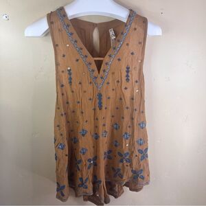 Free People Tan and Blue Embroidered Romper